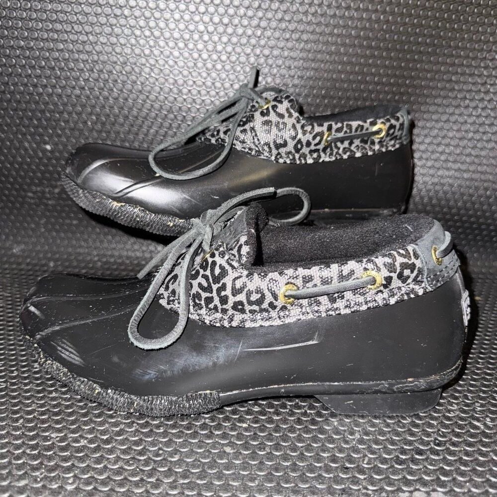 Sperry Saltwater 1-Eye Cozy Rain Duck Boot Black Cheetah Print Shoe Women Size 8